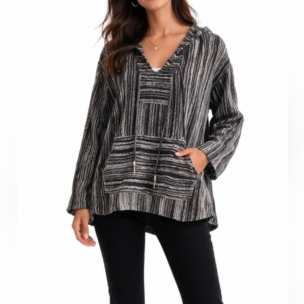 Vena Cava Women’s Black Striped Boho Baja Hooded Pullover V-Neck Sweater Size 6